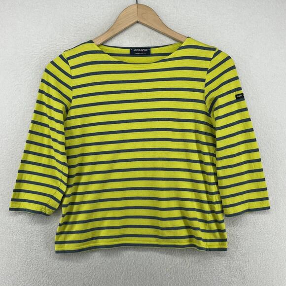 SAINT JAMES Top Womens 4 Striped 3/4 Sleeve Jersey Cotton Yellow Green FRANCE - Picture 1 of 16